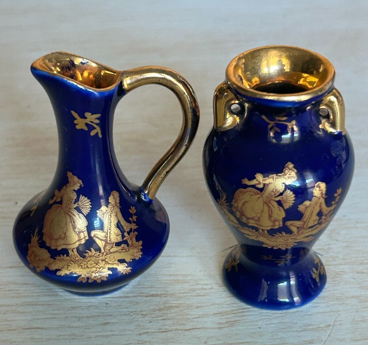 Limoges Cobalt Blue and Gold Porcelain Mini Vase and Pitcher
