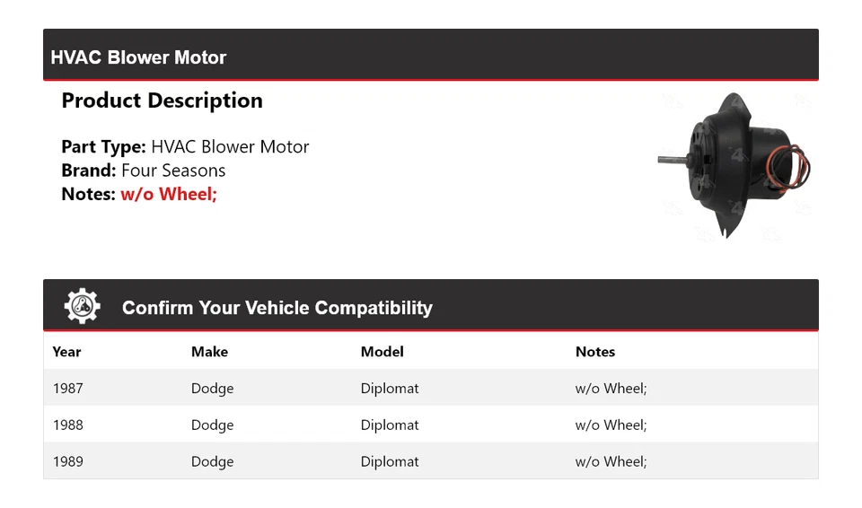 For 1987-1989 Dodge Diplomat HVAC Blower Motor 4 Seasons 1988 - Image 2 of 4