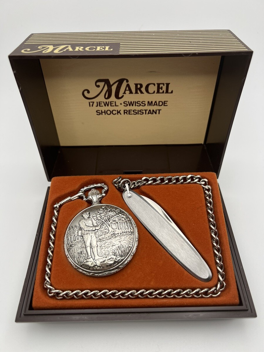 Marcel Vintage 17 Jewels Mechanical Pocket Watch Knife Fishing Scene