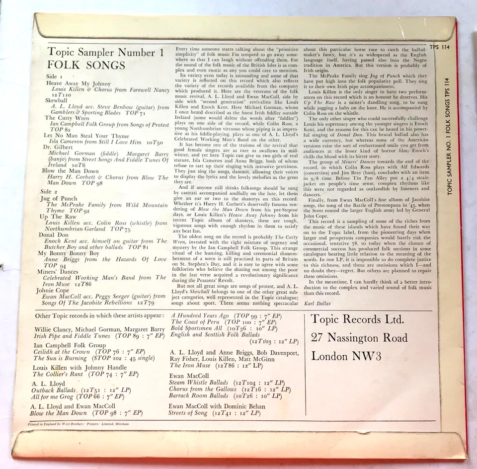 Folk Songs - Topic Sampler Vinyl LP '64 Louis Killen, Anne Briggs, Ewan MacColl - Image 3 of 4