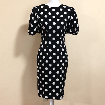 Vintage Small Adrianna Papell Black White Polka Dot Silk Dress Fitted 