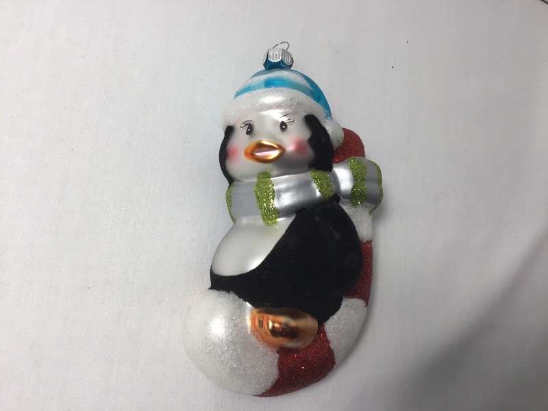 Celebrations Christopher Radko Penguin Candy Cane Christmas Red Blue Ornament