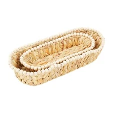 Mud Pie Garden Theme Hyacinth Woven Wood Bead Edge Nested Bread Basket 2 Pc Set