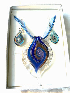 Glass Blue Swirl Pendant and Earrings Set