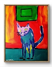 Original Art Tall Cat 14x11 Colorful Modern Art Acrylic Painting on Canvas