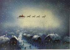 Papyrus- Christmas- Santa & Sleigh Flying In Night Sky Over Town- Foil Snow