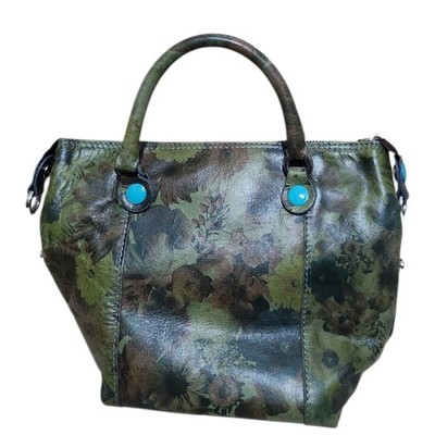 GABS Firenze Leather Shoulder Bag Floral Green Designer Tote Made in Italy Women