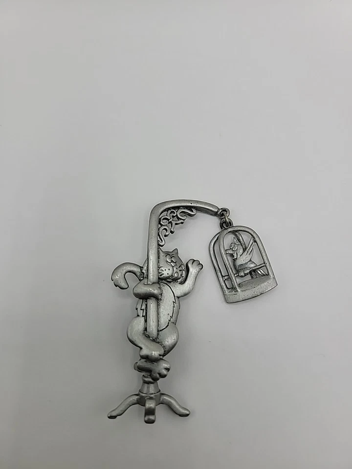 Broche de colección JJ peltre gato y jaula de pájaros caprichoso jonette joyería prendedor firmado Foto 2 de 4