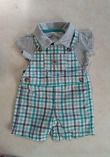 Carter's 2 Pc. Gray Bodysuit Plaid Overalls Shorts Turquoise Grey Size 9 Mos.