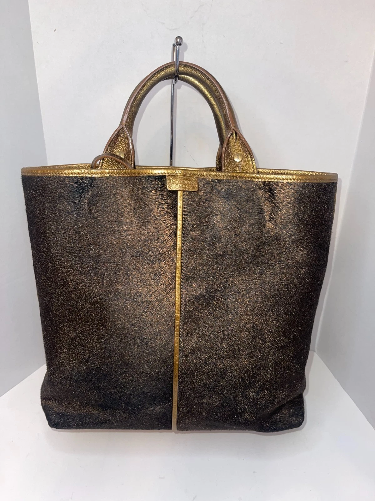 Authentic Yves Saint Laurent Tote Bag–Metallic Pony-Style Calfskin with Gold Rim