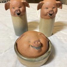 Vintage UCTCI Pig Stoneware Salt And Pepper And Jam/sugar Pot With Lid Japan