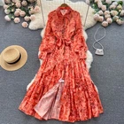 Spring Women's Long Puff Sleeve Floral Print Shirt Long Dress Single Breasted Sz