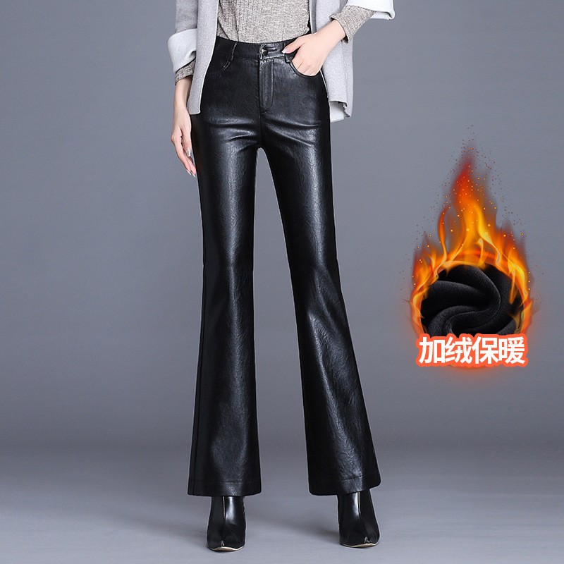 Genuine Leather Pants Women's High-waisted Trousers Sheepskin Velvet Flared New