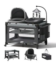 Pack and Play with Bassinet - 7 in 1 One-Step Setup Bedside Crib, Portable Playp