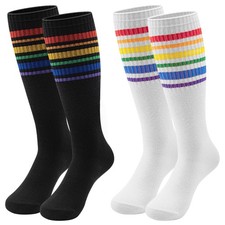 Girls Socks 2 Pairs Knee High Rainbow Colorful Striped Thigh Highs Kids 1-16
