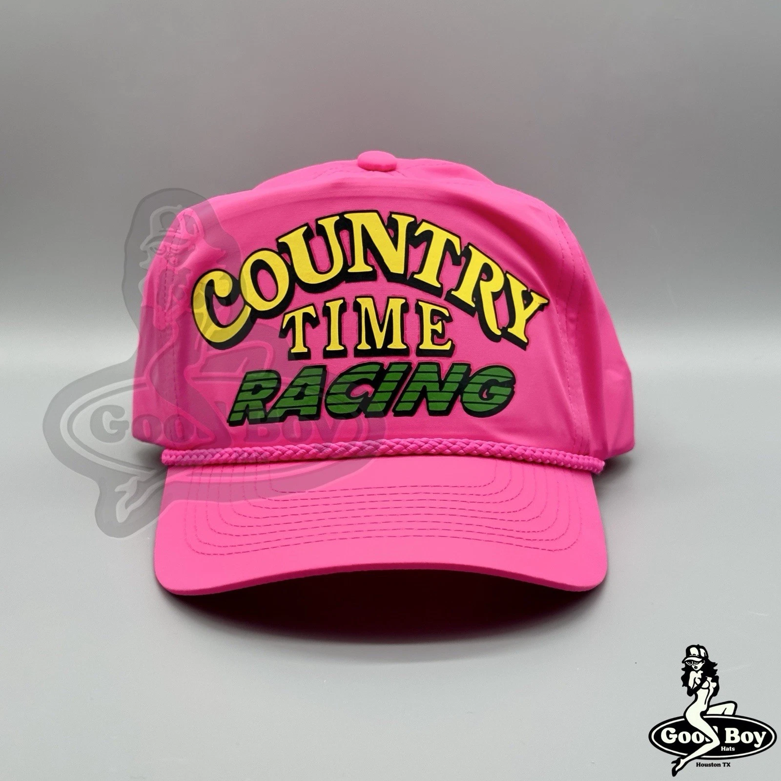 Country Time Racing Hat Vintage Neon Pink Trucker Rope Cap 80s NASCAR Lemonade