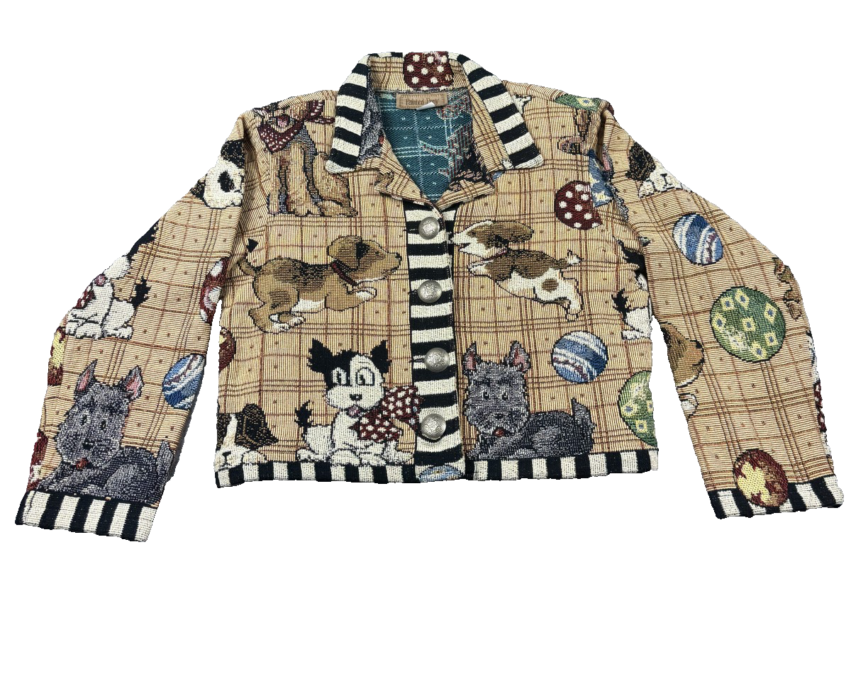 Giacca pony dipinta donna media multicolore arazzo cani bottoni novità anni 90