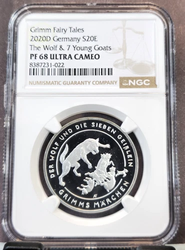 2020 GERMANY SILVER 20 EURO THE WOLF & 7 YOUNG GOATS NGC PF 68 ULTRA CAMEO RARE