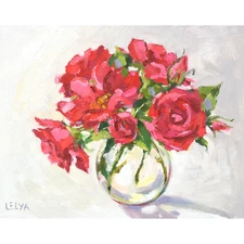 Garden Roses Original Oil Painting Impasto Modern Painting 8"x10" Red Flowers