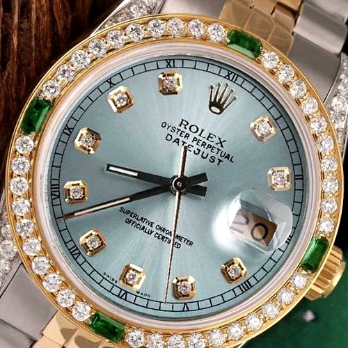 Womens Rolex Datejust 31 mm Watch Ice Blue Diamond Dial Emerald
