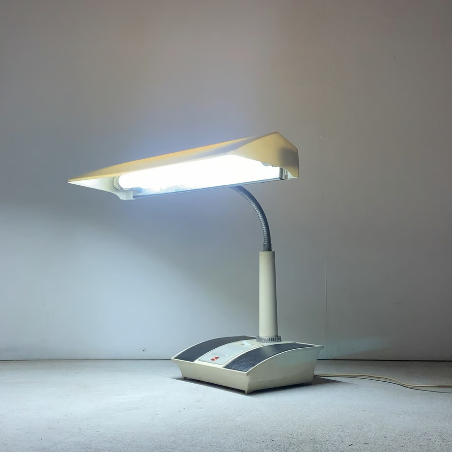 TOSHIBA Desk Lamp 70s Black Leather Style Fabric Plastic shade