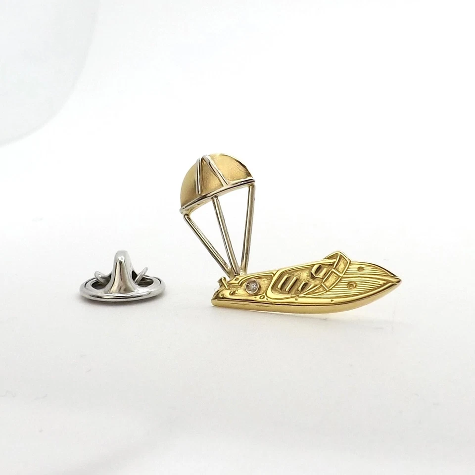 Solid 18k Gold Parasailing Speed Boat Natural Diamond Tie Tac Lapel Pin Italy - Image 2 of 4