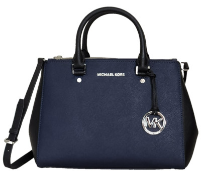  MICHAEL KORS SUTTON NAVY BLUE BLACK SAFFIANO LEATHER MEDIUM SATCHEL BAG NWT!