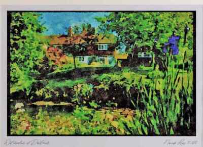 Garten 131063 Blick auf Haus über Teich A4 Aquarelldruck