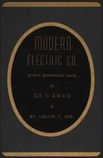 Vintage single playing card MODERN ELECTRIC CO black background St Louis MO
