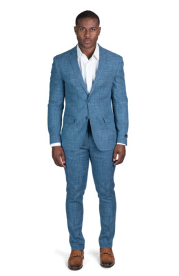 Slim Fit Button Mens Suit Tweed Ocean Blue Notch Lapel Flat