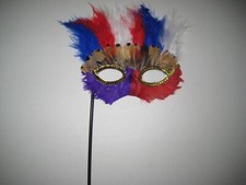 Multicolored Mardi Gras Feather Masquerade Eye Mask On a Stick