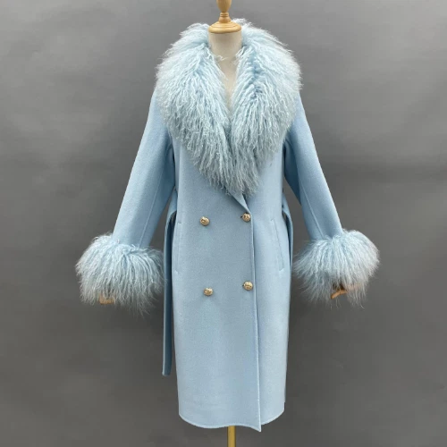 OFF WHITE Vendita calda cappotto lungo lana donna pelliccia di agnello mongolo collo polsino slim vera pelliccia cappotto