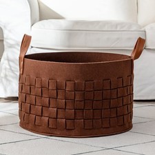 Laundry Basket 20" x20 " x11.8 ", Large Felt Fabric Blanket Basket with Leath...