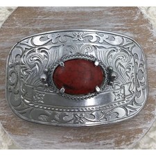 Vintage Western Silver Floral Scroll Belt Buckle Red Faux Stone Cowgirl Boho