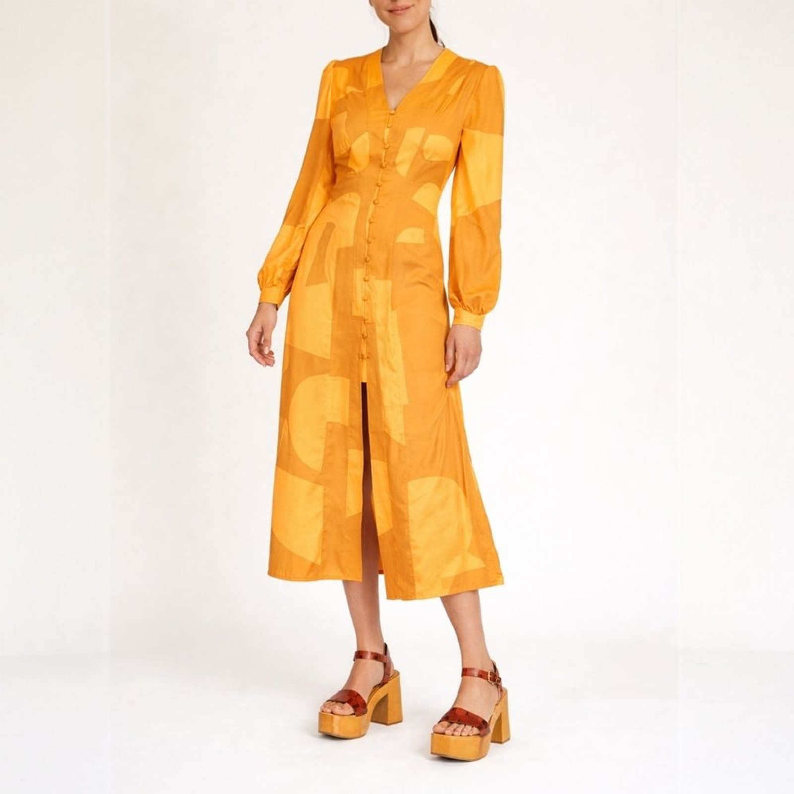 House of Sunny Cinema Dress Orange Yellow Geometric Button Front Midi Size 6 US