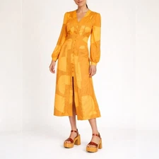 House of Sunny Cinema Dress Orange Yellow Geometric Button Front Midi Size 6 US