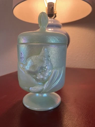 Fenton Sea Green FGS Chessie Cat Covered Candy Dish