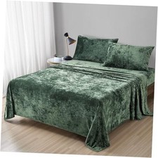 Distressed Velvet Sheet Set, 4 Pieces Ultra Soft, Warm Queen Blackish Green