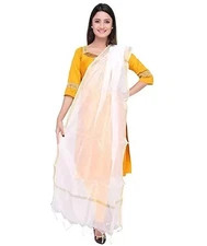 Women's Plain Solid Golden Border Dupatta Silk White Lightweight Stole VeliHijab