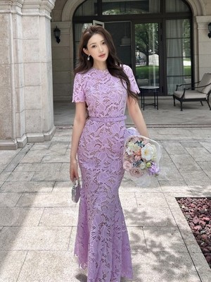 Self-Portrait purple Round collar Belt Lace Dresses