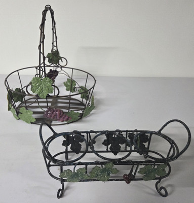 Vintage Decorative Wire, Grapevine Metal Basket with Grapevine Bottle Holder