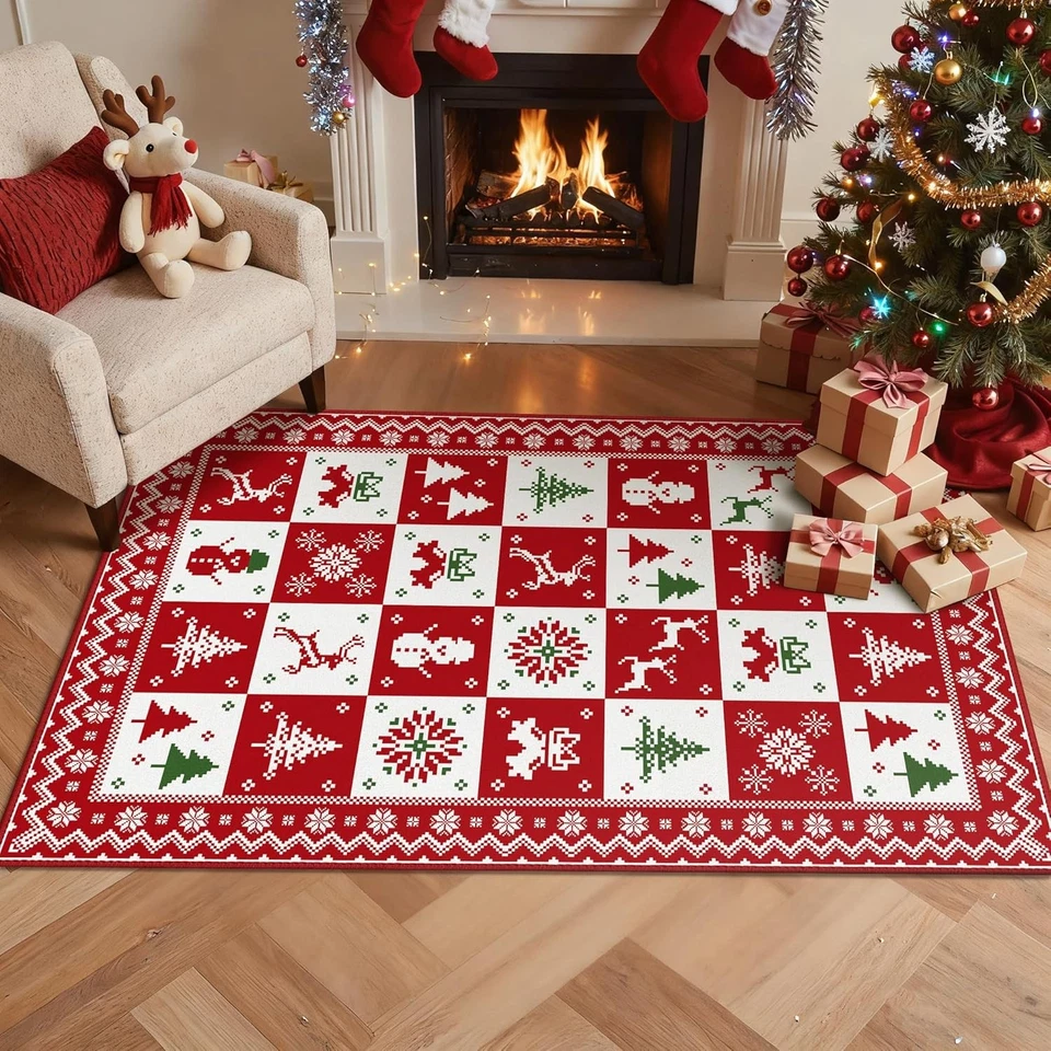 Christmas Door Mat 40x60cm – Non-Slip Holiday Rug with Xmaselements Patchwork De