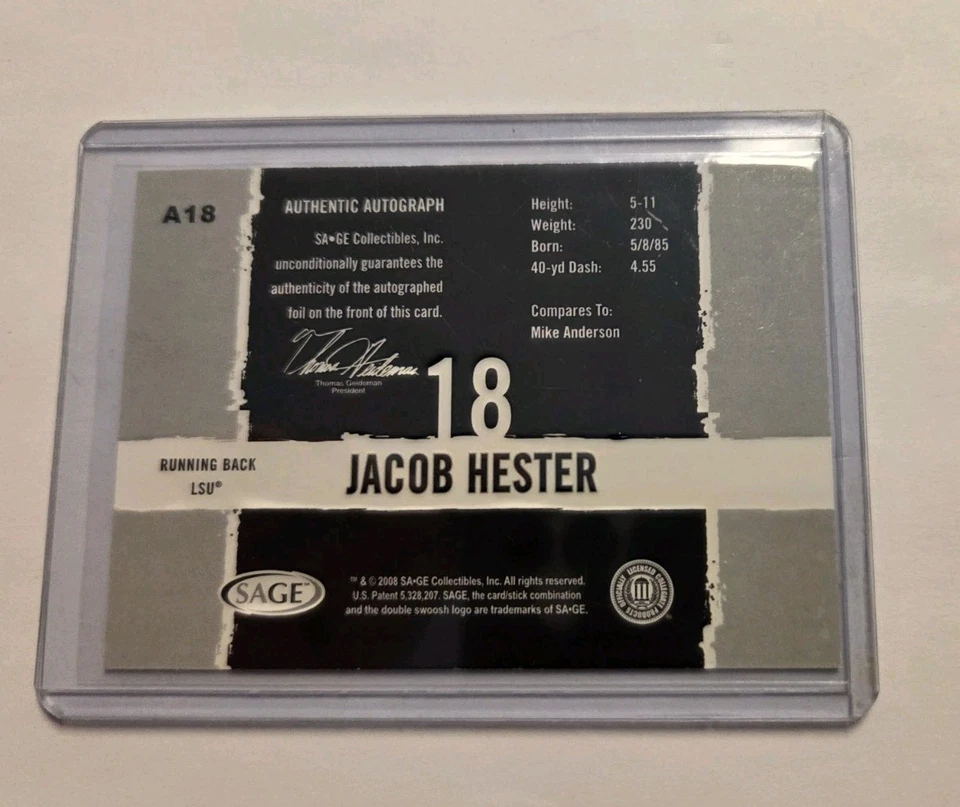 2008 SAGE HIT JACOB HESTER AUTOGRAPH CARD #A18. NM/MT.  - Image 2 of 2