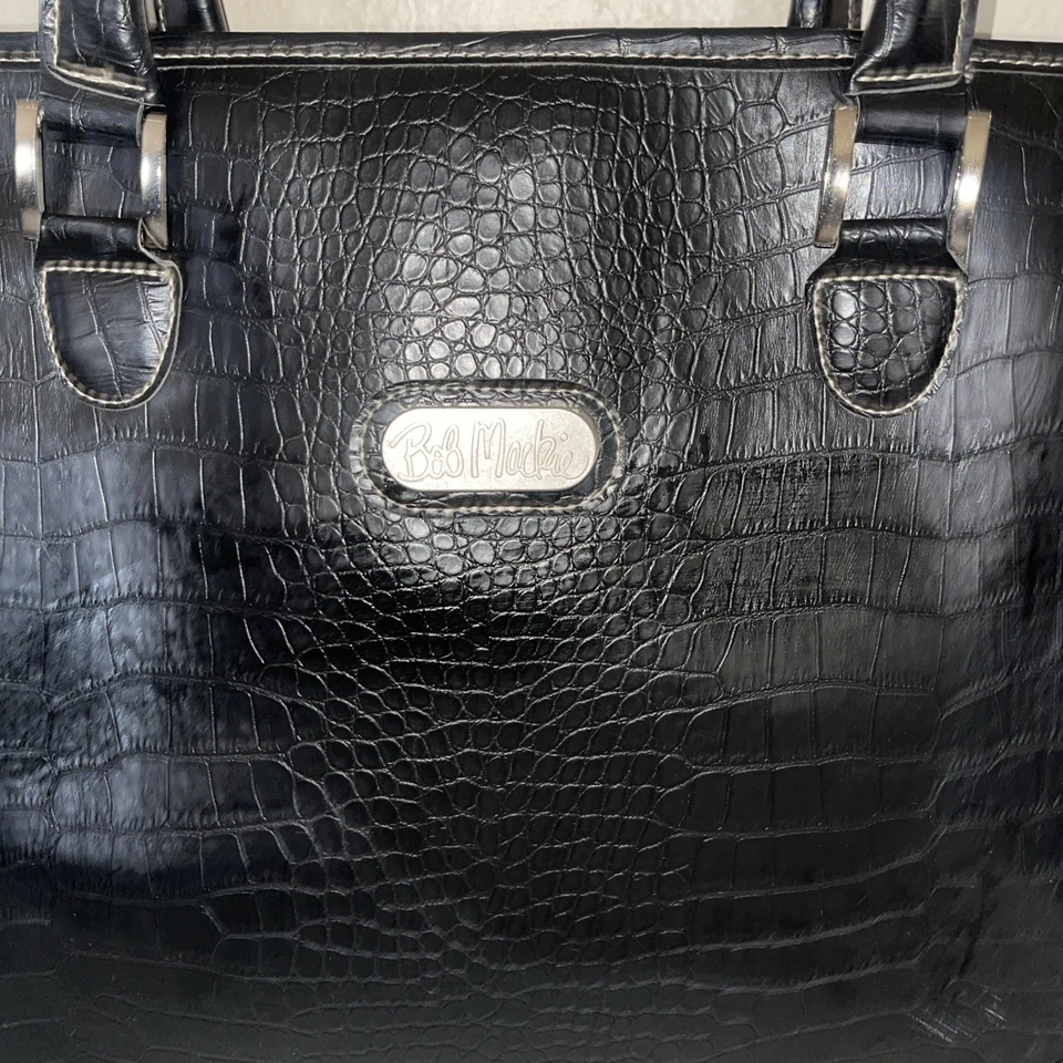 Bolso de Mano Bob Mackie Grande Imitación Cuero de Cocodrilo Negro Bolso de Viaje Foto 2 de 4