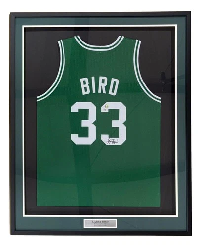 Larry Bird Boston Signed Framed Green Basketball Jersey Bird+PSA/DNA