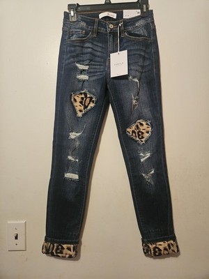 KanCan Leopard Denim Jeans Women 5/26 Dark Wash Skinny Distressed Stretch EUC