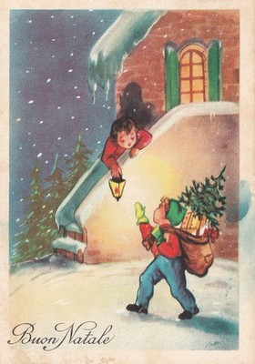 ARTIST POSTCARD CHRISTMAS 1950s Italy, Boy with Sack, Christmas Tree, Lantern