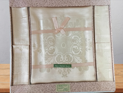 #ad #ad Vintage Northern Ireland Peach Damask Table Cloth amp; 4 Napkins Boxed 52quot; x 52quot; GBP 17.99