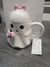 Halloween Ghost Coffee Tea Mug With Lid Holding Pink Pumpkin 18oz Trick Or Treat