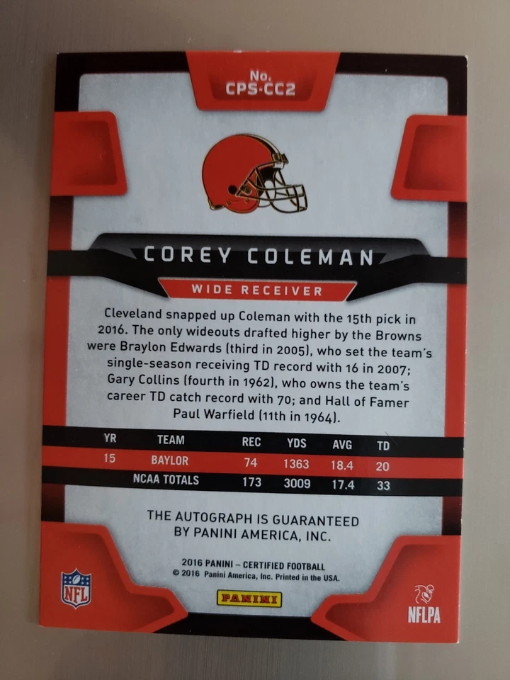 2016 CERTIFIED COREY COLEMAN AUTO #'d 37/99. CARD# CPS-CC2. - Image 3 of 3